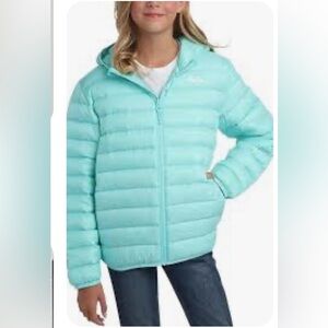 Eddie Bauer Kids Girls Reversible Hooded Puffer Jacket Aruba Blue Size L